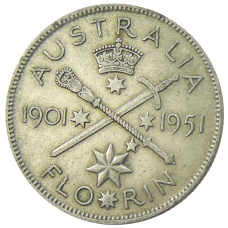 Монета 1 флорин (2 шиллинга) 1951 года Австралия — 50 лет Федерации (аверс)