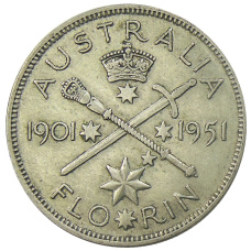 Монета 1 флорин (2 шиллинга) 1951 года Австралия — 50 лет Федерации (аверс)