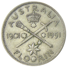 Монета 1 флорин (2 шиллинга) 1951 года Австралия — 50 лет Федерации (аверс)
