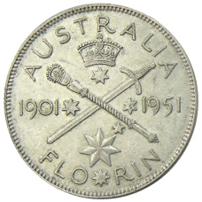 Монета 1 флорин (2 шиллинга) 1951 года Австралия — 50 лет Федерации (аверс)