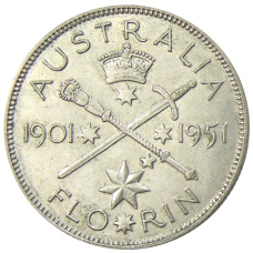 Монета 1 флорин (2 шиллинга) 1951 года Австралия — 50 лет Федерации (аверс)