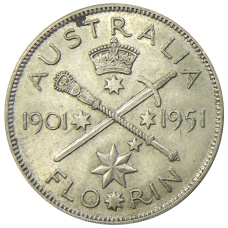 Монета 1 флорин (2 шиллинга) 1951 года Австралия — 50 лет Федерации (аверс)