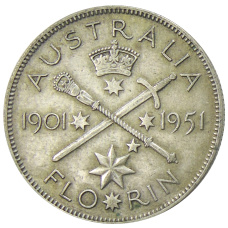 Монета 1 флорин (2 шиллинга) 1951 года Австралия — 50 лет Федерации (аверс)