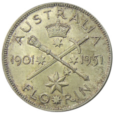 Монета 1 флорин (2 шиллинга) 1951 года Австралия — 50 лет Федерации (аверс)