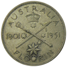 Монета 1 флорин (2 шиллинга) 1951 года Австралия — 50 лет Федерации (аверс)