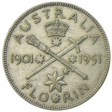 Монета 1 флорин (2 шиллинга) 1951 года Австралия — 50 лет Федерации (аверс)
