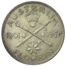 Монета 1 флорин (2 шиллинга) 1951 года Австралия — 50 лет Федерации (аверс)
