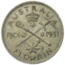 Монета 1 флорин (2 шиллинга) 1951 года Австралия — 50 лет Федерации (аверс)