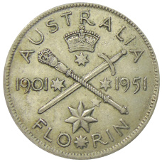 Монета 1 флорин (2 шиллинга) 1951 года Австралия — 50 лет Федерации (аверс)