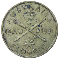 Монета 1 флорин (2 шиллинга) 1951 года Австралия — 50 лет Федерации (аверс)