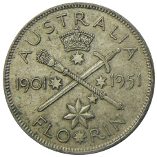 Монета 1 флорин (2 шиллинга) 1951 года Австралия — 50 лет Федерации (аверс)