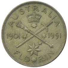 Монета 1 флорин (2 шиллинга) 1951 года Австралия — 50 лет Федерации (аверс)