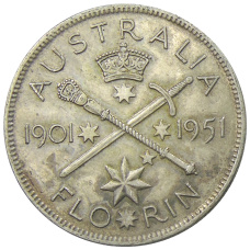 Монета 1 флорин (2 шиллинга) 1951 года Австралия — 50 лет Федерации (аверс)