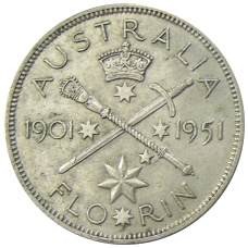Монета 1 флорин (2 шиллинга) 1951 года Австралия — 50 лет Федерации (аверс)
