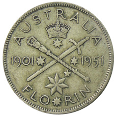 Монета 1 флорин (2 шиллинга) 1951 года Австралия — 50 лет Федерации (аверс)
