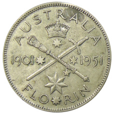 Монета 1 флорин (2 шиллинга) 1951 года Австралия — 50 лет Федерации (аверс)