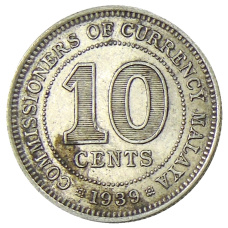 Монета 10 центов 1939 года Малайя (аверс)