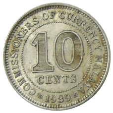 Монета 10 центов 1939 года Малайя (аверс)