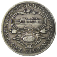 Монета 1 флорин 1927 года Австралия «Открытие здания парламента в Канберре» (аверс)