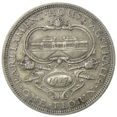 Монета 1 флорин 1927 года Австралия «Открытие здания парламента в Канберре» (аверс)