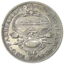 Монета 1 флорин 1927 года Австралия «Открытие здания парламента в Канберре» (аверс)