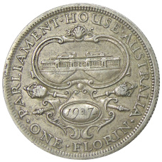 Монета 1 флорин 1927 года Австралия «Открытие здания парламента в Канберре» (аверс)