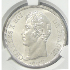 Монета 5 франков 1828 года W Франция (в слабе CPRC MS 64) (аверс)