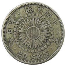 Монета 20 сен 1908 года Япония (аверс)