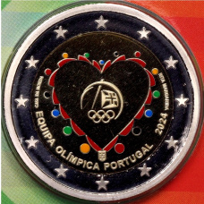 Монета 2 евро 2024 года Португалия «Команда Португалии на Олимпийских играх 2024» (Цветное покрытие, в блистере) (аверс)