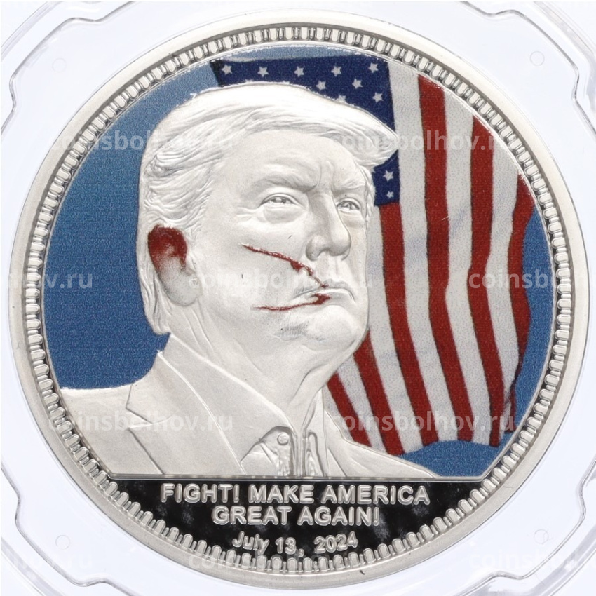 Жетон (настольная медаль) 2024 года США «Президентские выборы в США 2024 — Дональд Трамп (Покушение 13 июля 2024)»(в слабе)