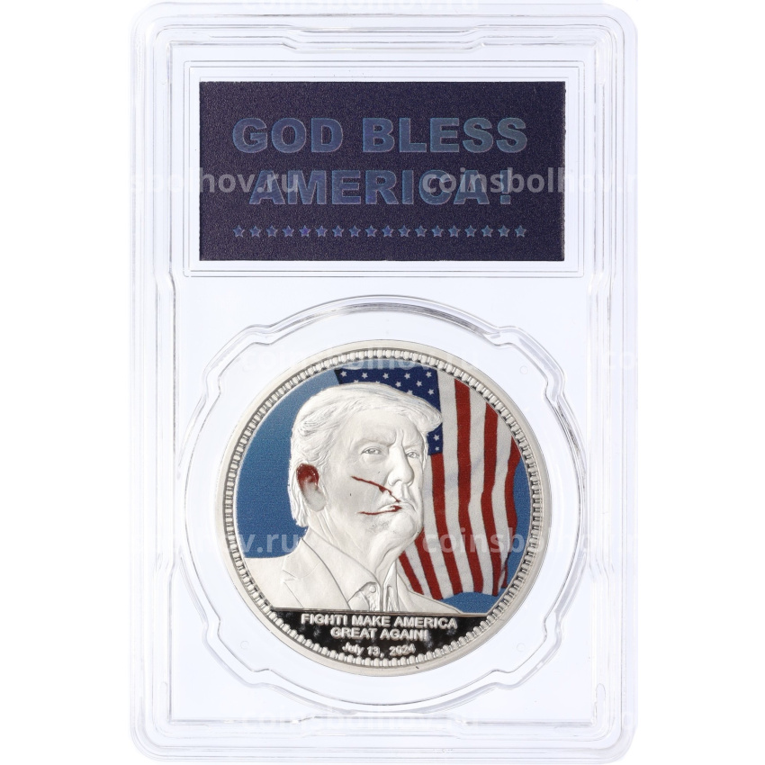 Жетон (настольная медаль) 2024 года США «Президентские выборы в США 2024 — Дональд Трамп (Покушение 13 июля 2024)»(в слабе) (вид 3)