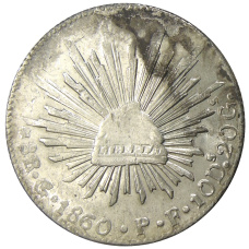 Монета 8 реалов 1860 года Мексика (аверс)