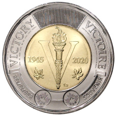 Монета 2 доллара 2020 года Канада «75 лет победе во Второй Мировой войне» (аверс)