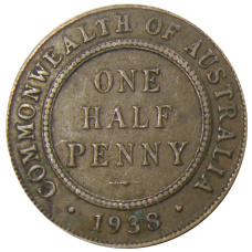 Монета 1/2 пенни 1938 года Австралия (аверс)