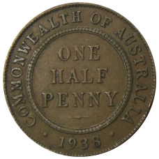 Монета 1/2 пенни 1938 года Австралия (аверс)