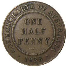Монета 1/2 пенни 1938 года Австралия (аверс)