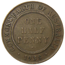 Монета 1/2 пенни 1938 года Австралия (аверс)