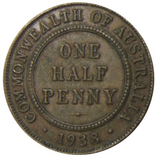 Монета 1/2 пенни 1938 года Австралия (аверс)