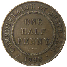 Монета 1/2 пенни 1938 года Австралия (аверс)