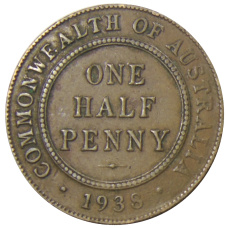 Монета 1/2 пенни 1938 года Австралия (аверс)
