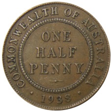 Монета 1/2 пенни 1938 года Австралия (аверс)