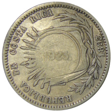 Монета 50 сентимо 1923 года — надчекан на 20 сентимо 1893 года Коста-Рика (аверс)