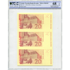 Банкнота 20 куна 1993(1994) года Хорватия  (в слабе PCGS Gem UNC 68) — неразрезанный лист, пробный