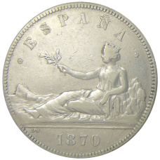 Монета 5 песет 1870 года Испания (аверс)