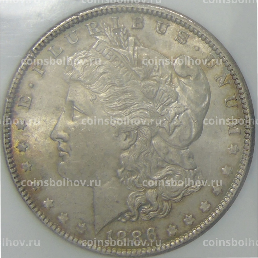 Монета 1 доллар 1886 года США «Доллар Моргана» (в слабе NGC MS 63)