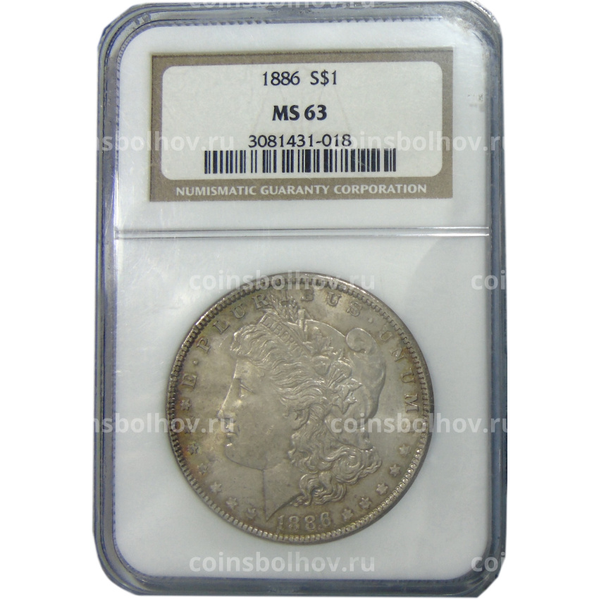 Монета 1 доллар 1886 года США «Доллар Моргана» (в слабе NGC MS 63) (вид 3)