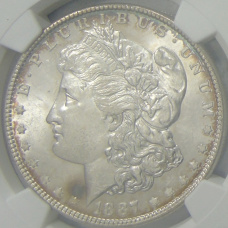 Монета 1 доллар 1887 года США «Доллар Моргана» (в слабе NGC MS 63) (аверс)