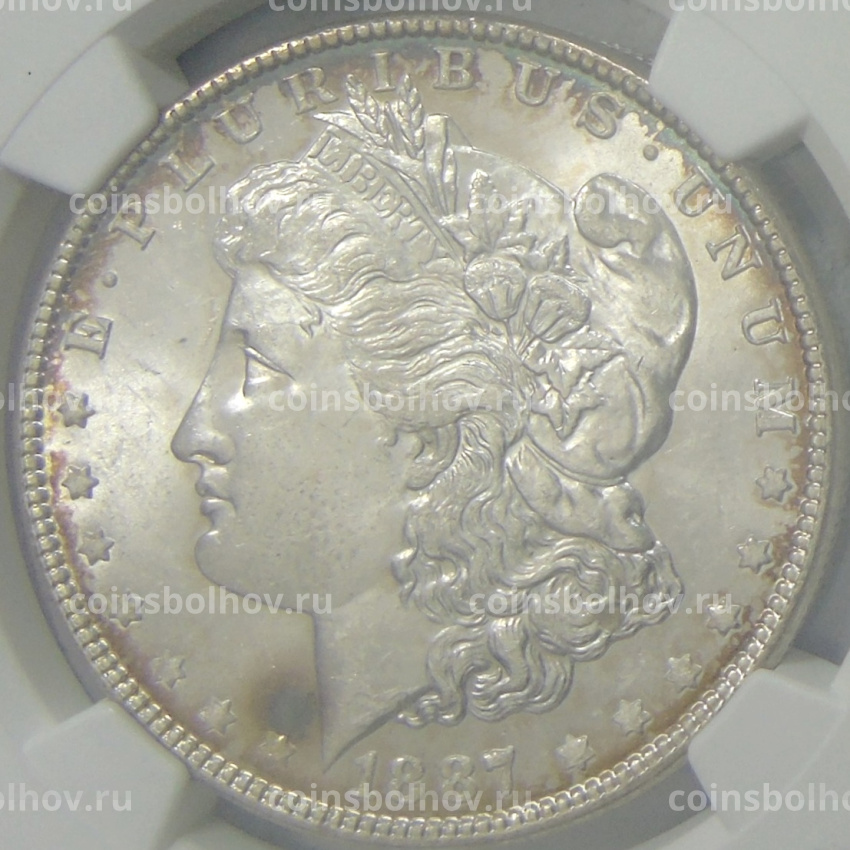 Монета 1 доллар 1887 года США «Доллар Моргана» (в слабе NGC MS 63)