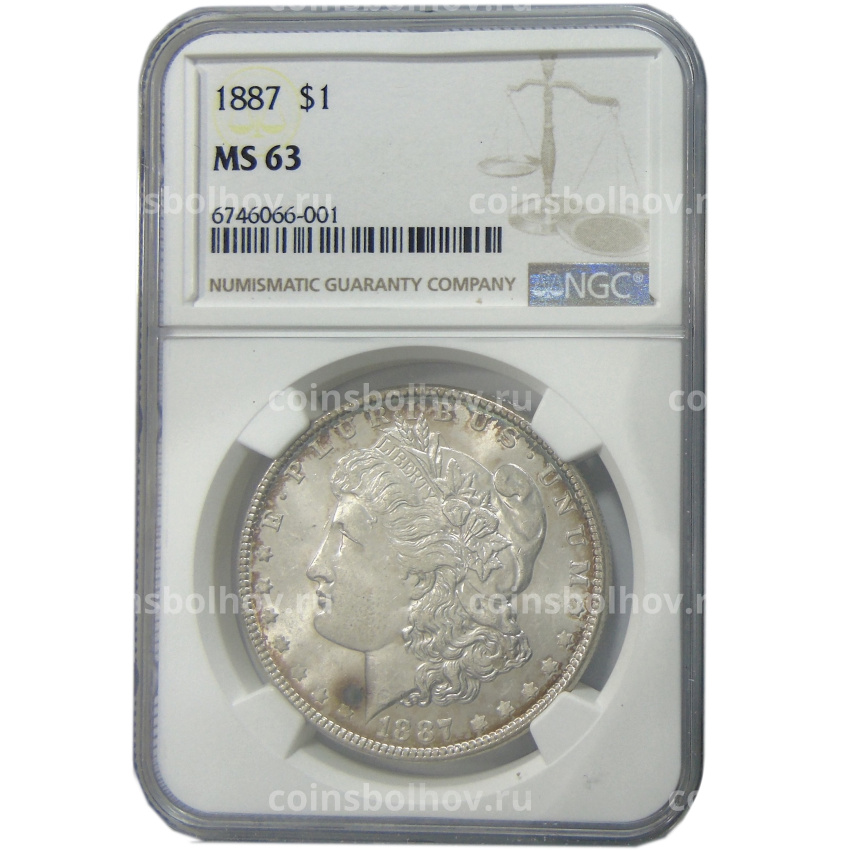 Монета 1 доллар 1887 года США «Доллар Моргана» (в слабе NGC MS 63) (вид 3)