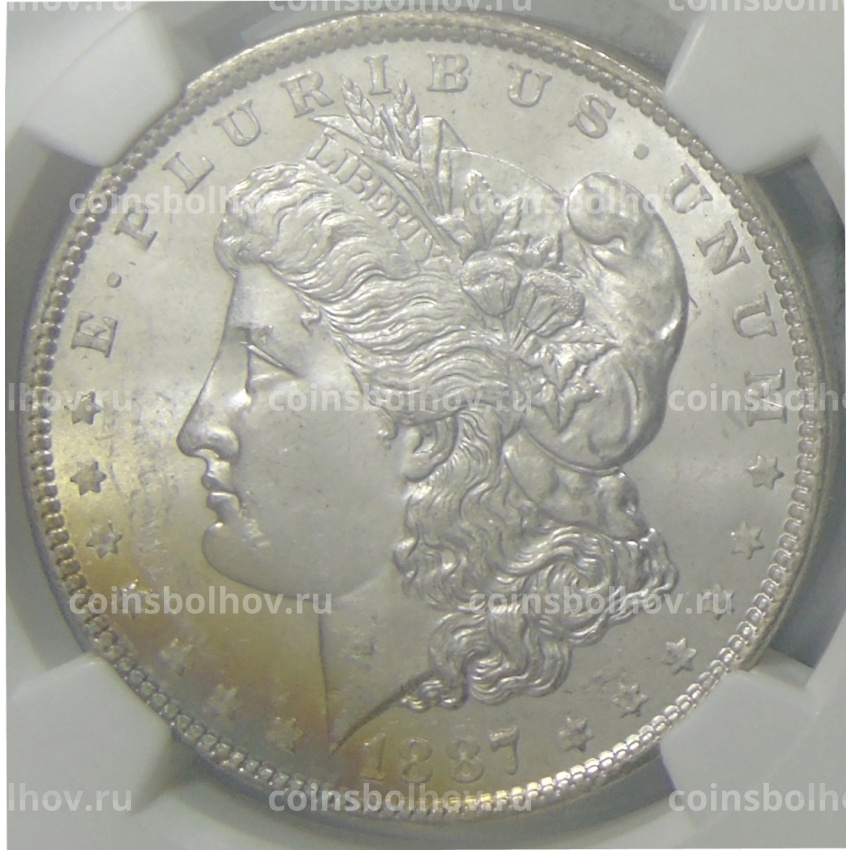 Монета 1 доллар 1887 года США «Доллар Моргана» (в слабе NGC MS 63)